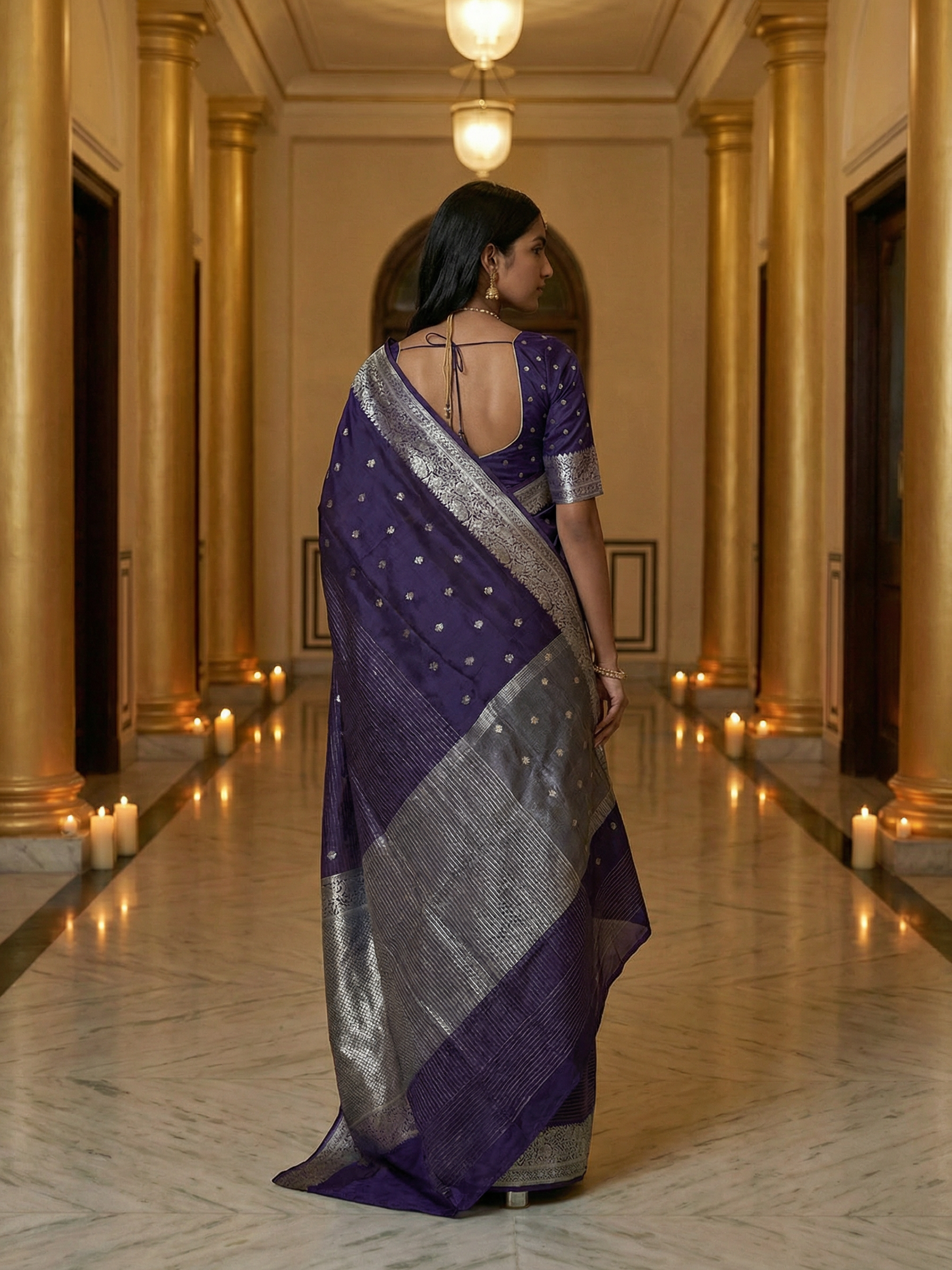 Georgette Banarasi  Royal Purple Silver Zari Butta Saree