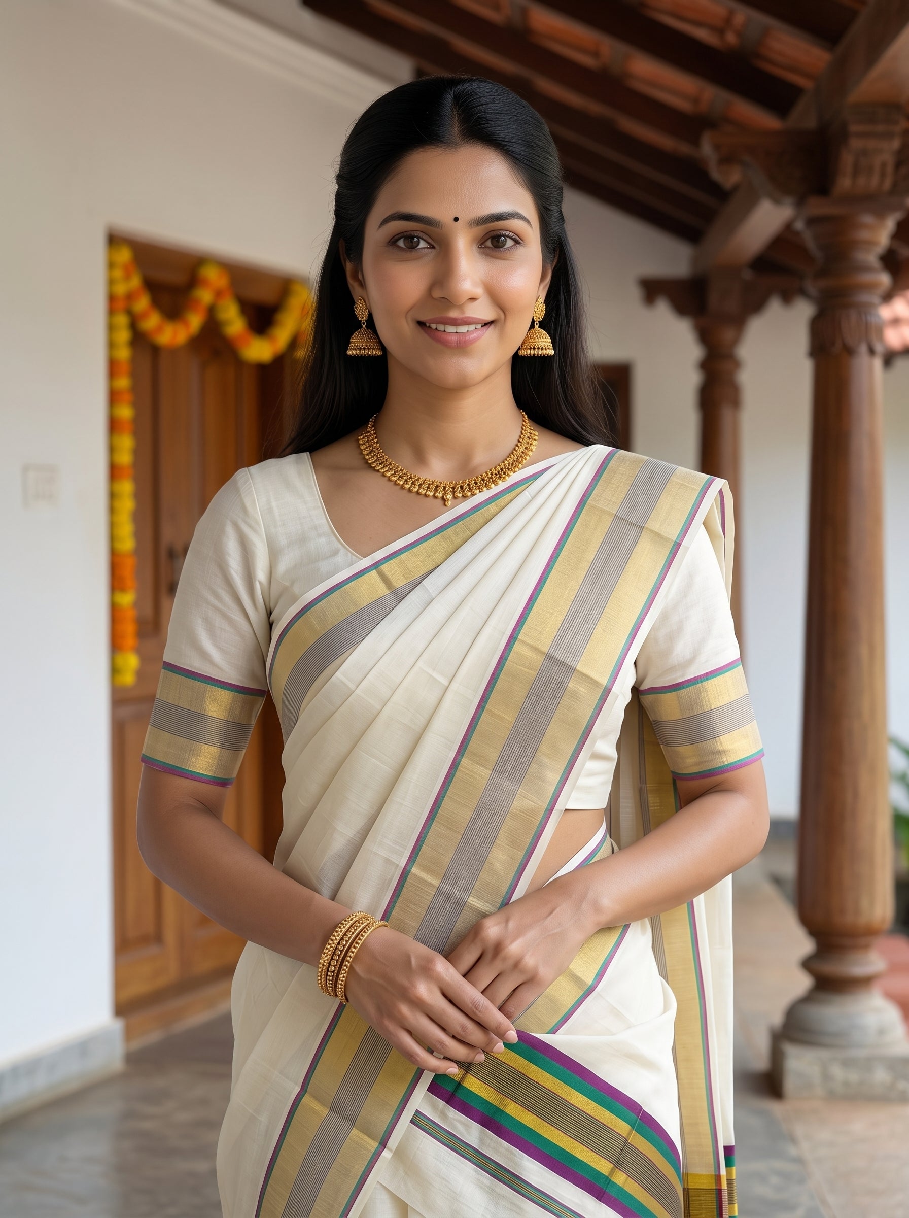 A woman wearing a traditional Indian saree with a cream base and gold, gray, and purple stripes, standing in a porch setting.