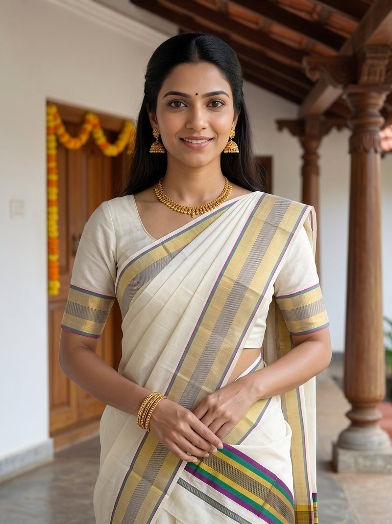 A woman wearing a traditional Indian saree with a cream base and gold, gray, and purple stripes, standing in a porch setting.
