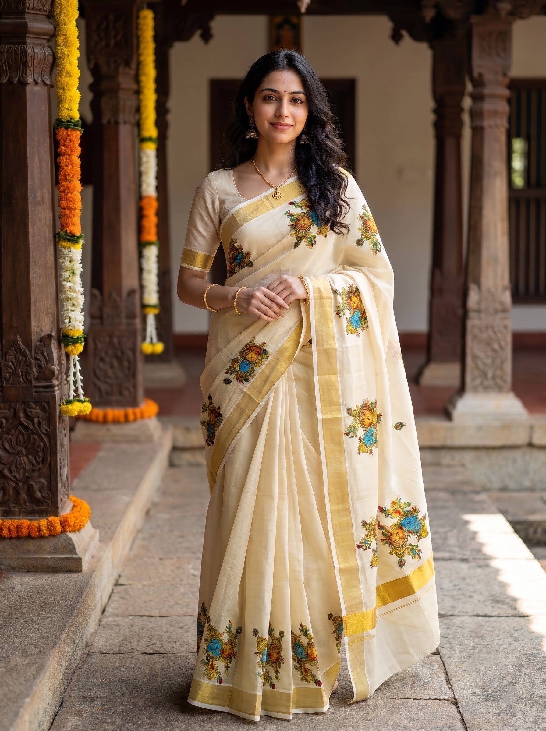 A woman wearing a cream-colored saree with yellow borders and colorful floral prints, standing in a traditional courtyard with carved wooden pillars and marigold garlands.