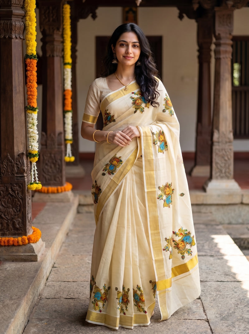 A woman wearing a cream-colored saree with yellow borders and colorful floral prints, standing in a traditional courtyard with carved wooden pillars and marigold garlands.