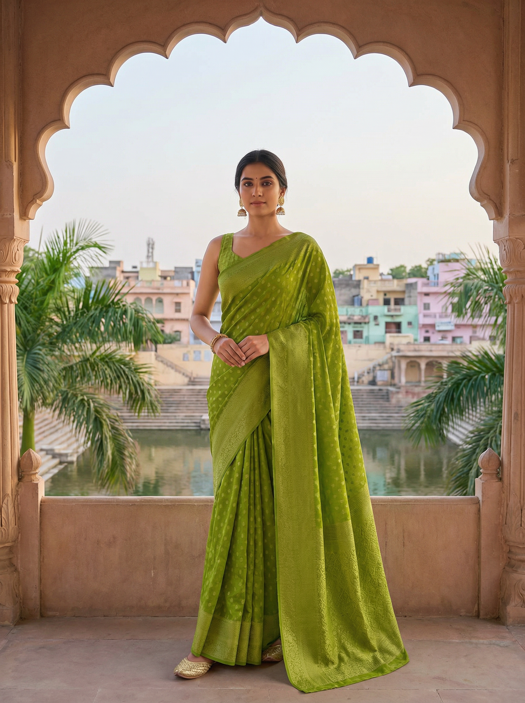 Georgette Banarasi  Parrot Green Butti Saree
