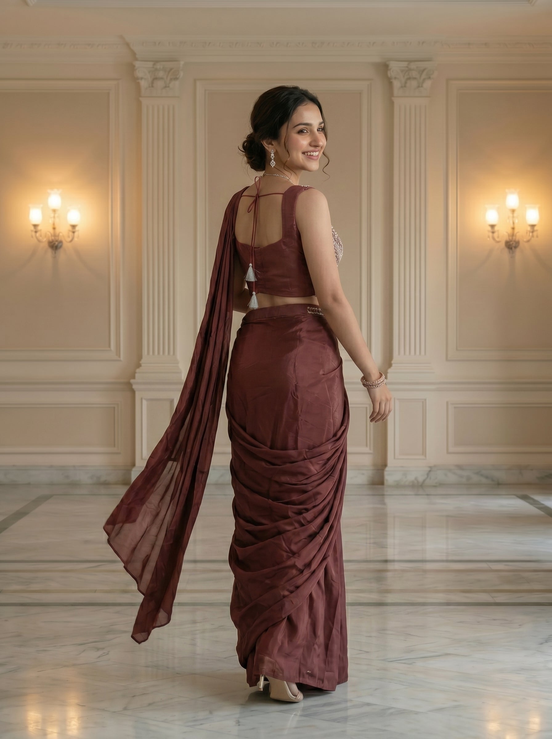Satin Organza  Dusty Rose Pink Ready-to-Wear Designer Saree with Crystal Embellished Blouse