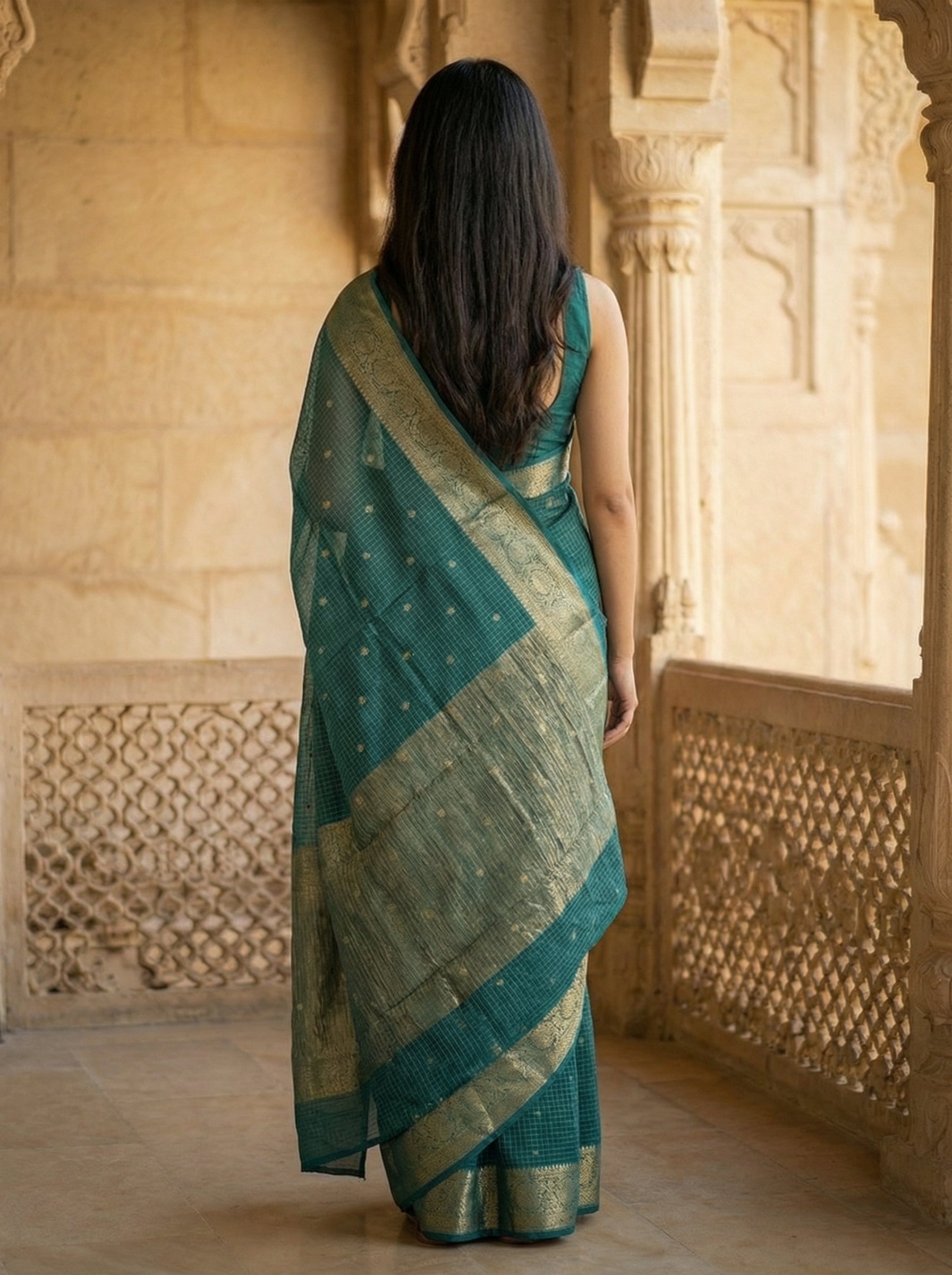 Georgette Banarasi Teal Green Rich Zari Butta Saree