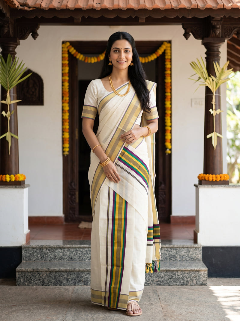 A woman wearing a cream-colored cotton saree with green, yellow, and blue stripes, standing in front of a traditional house doorway decorated with yellow marigold garlands.