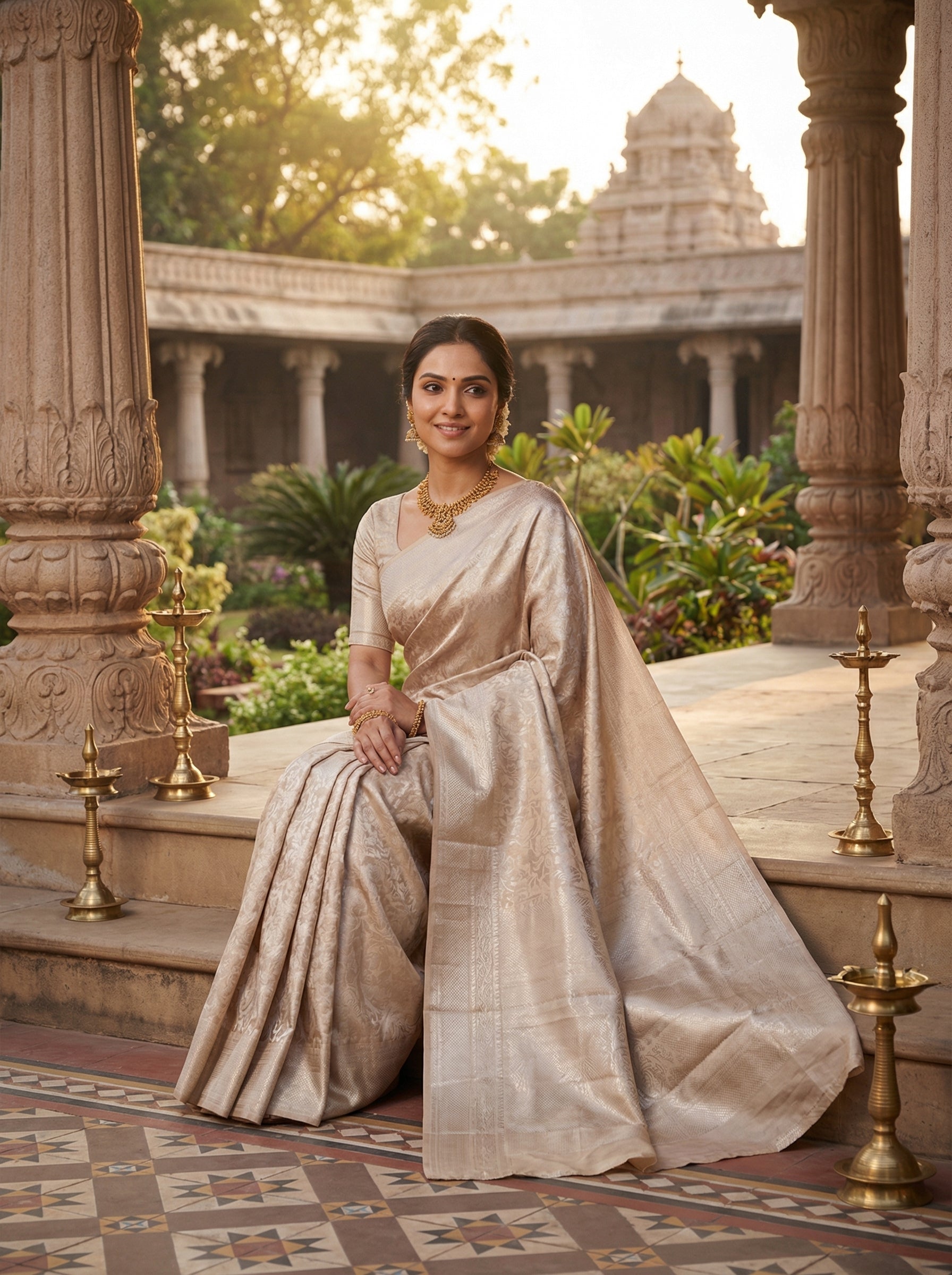 Kanjivaram Silk Pastel Peach Zari Texture Traditional Saree