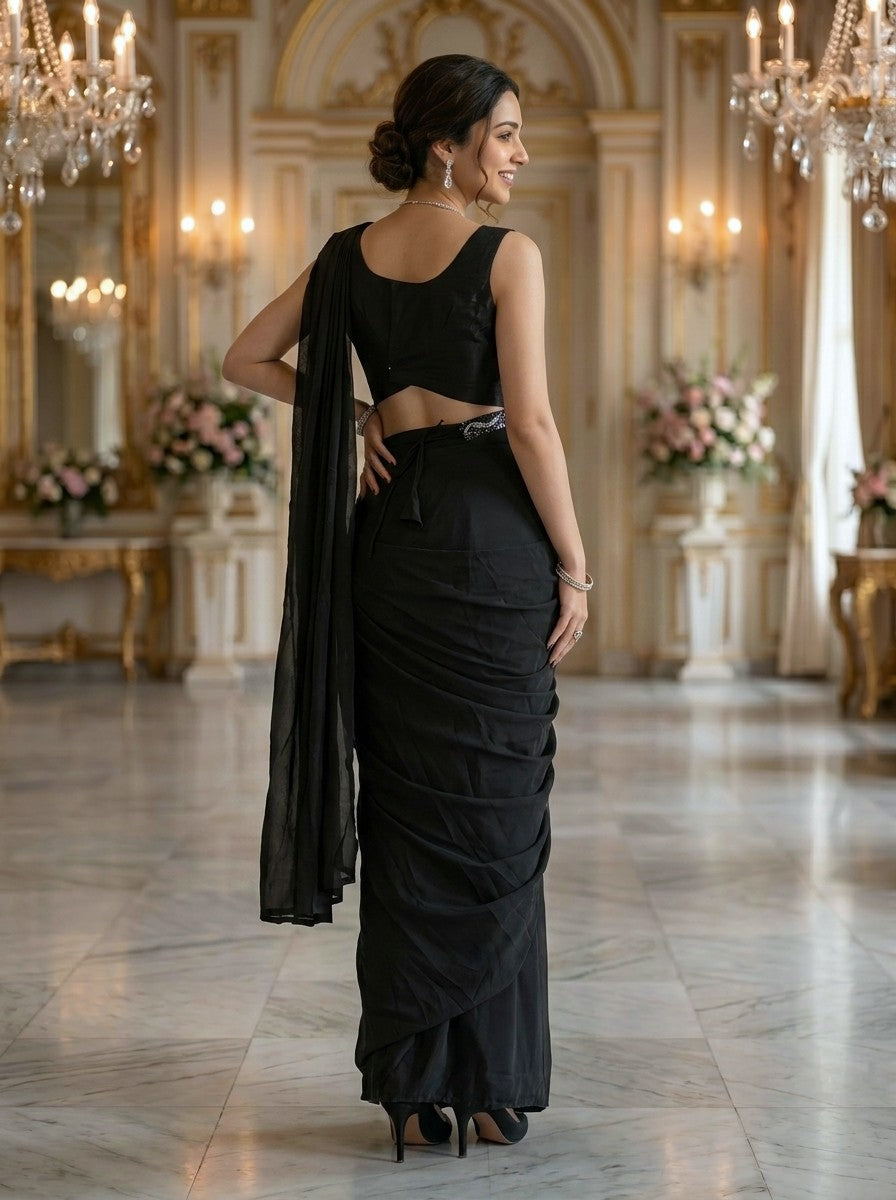 Satin Organza Black Ready-to-Wear Designer Saree with Sequins Embellished Blouse