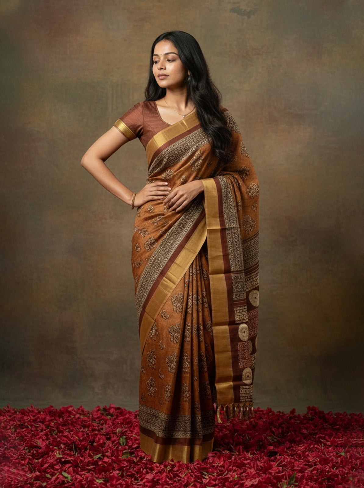 Woman in a traditional brown and gold saree standing on red flowers with a brown background