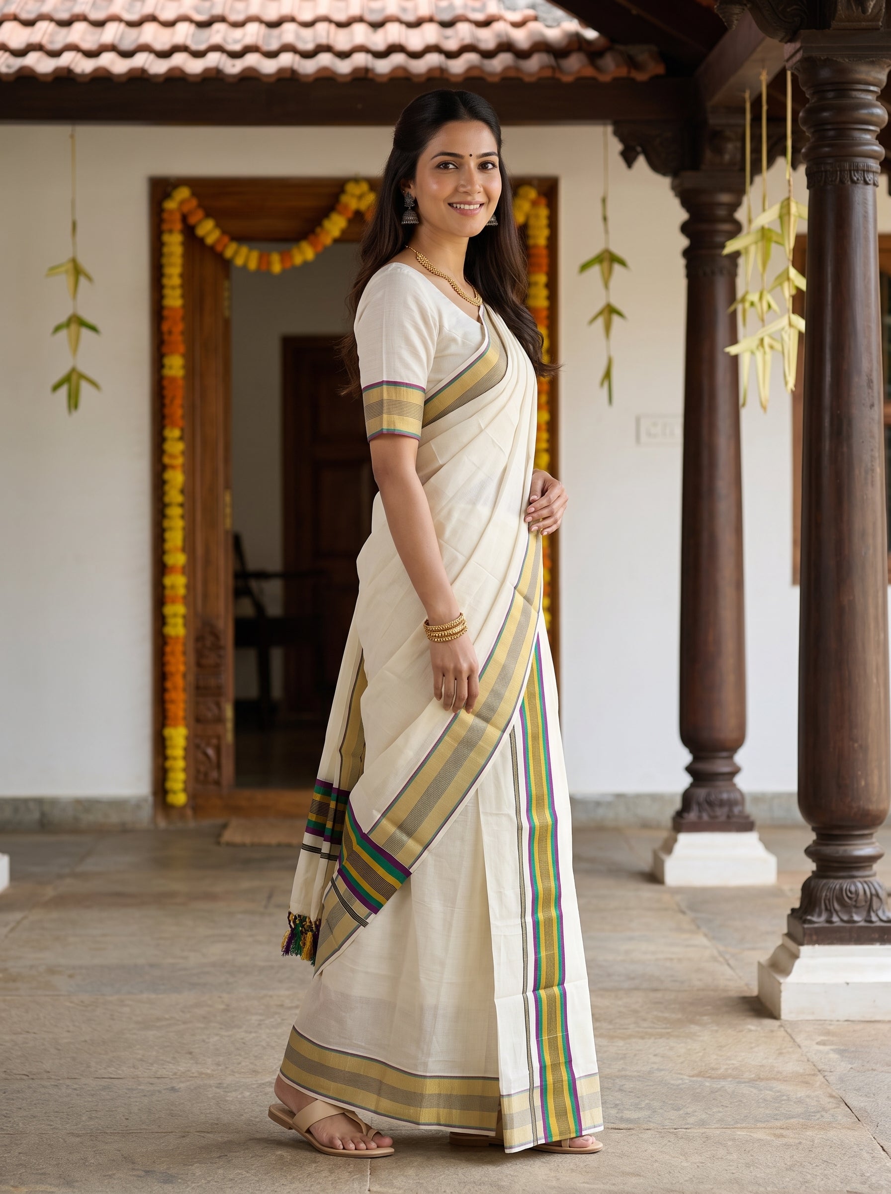 A woman wearing a traditional Indian saree stands in a courtyard. The saree is off-white/cream with a border featuring stripes of green, yellow, and blue.