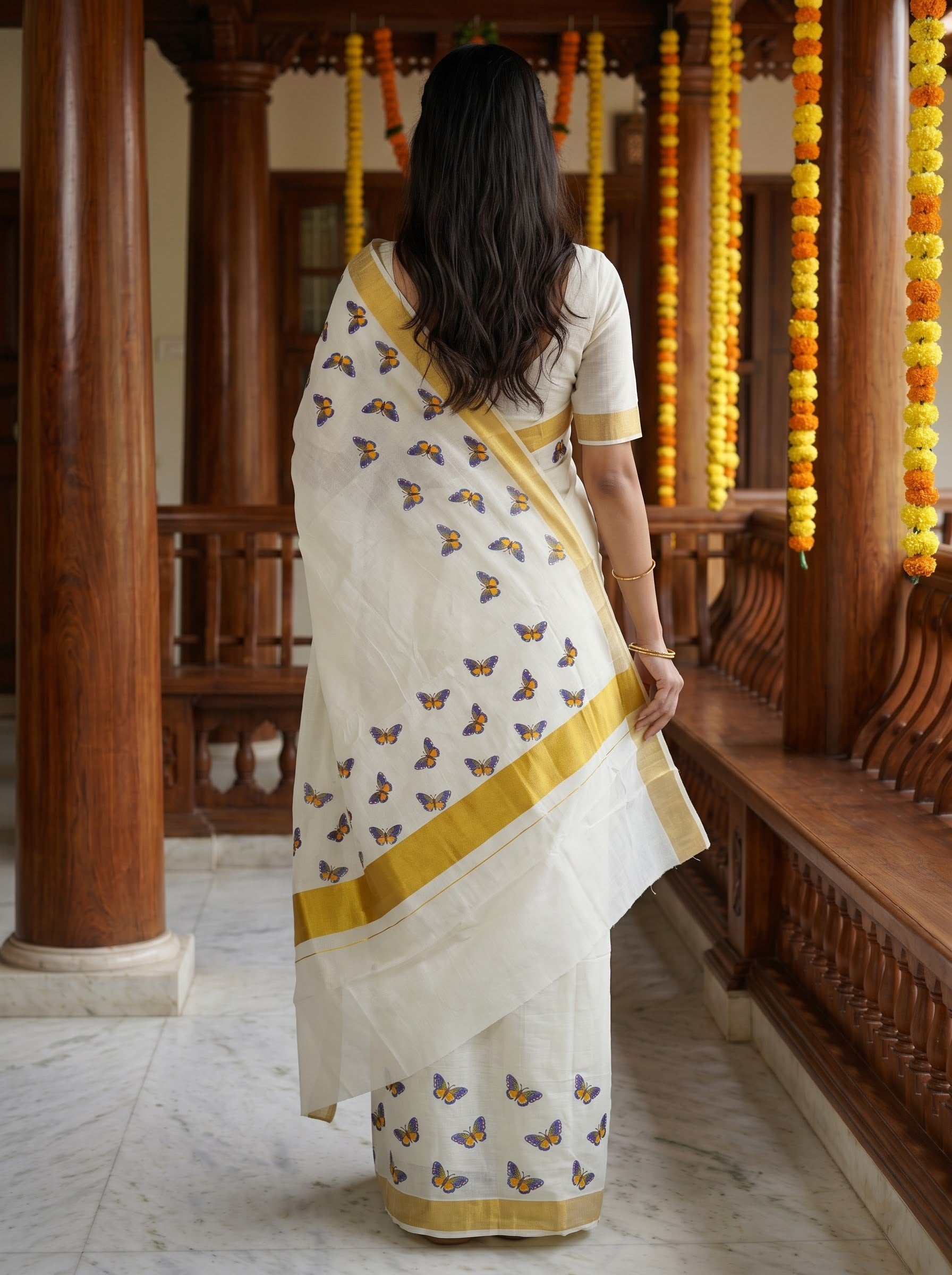 Cotton Cream Blue Butterfly Print with Gold Border Onam Special Kerala Saree
