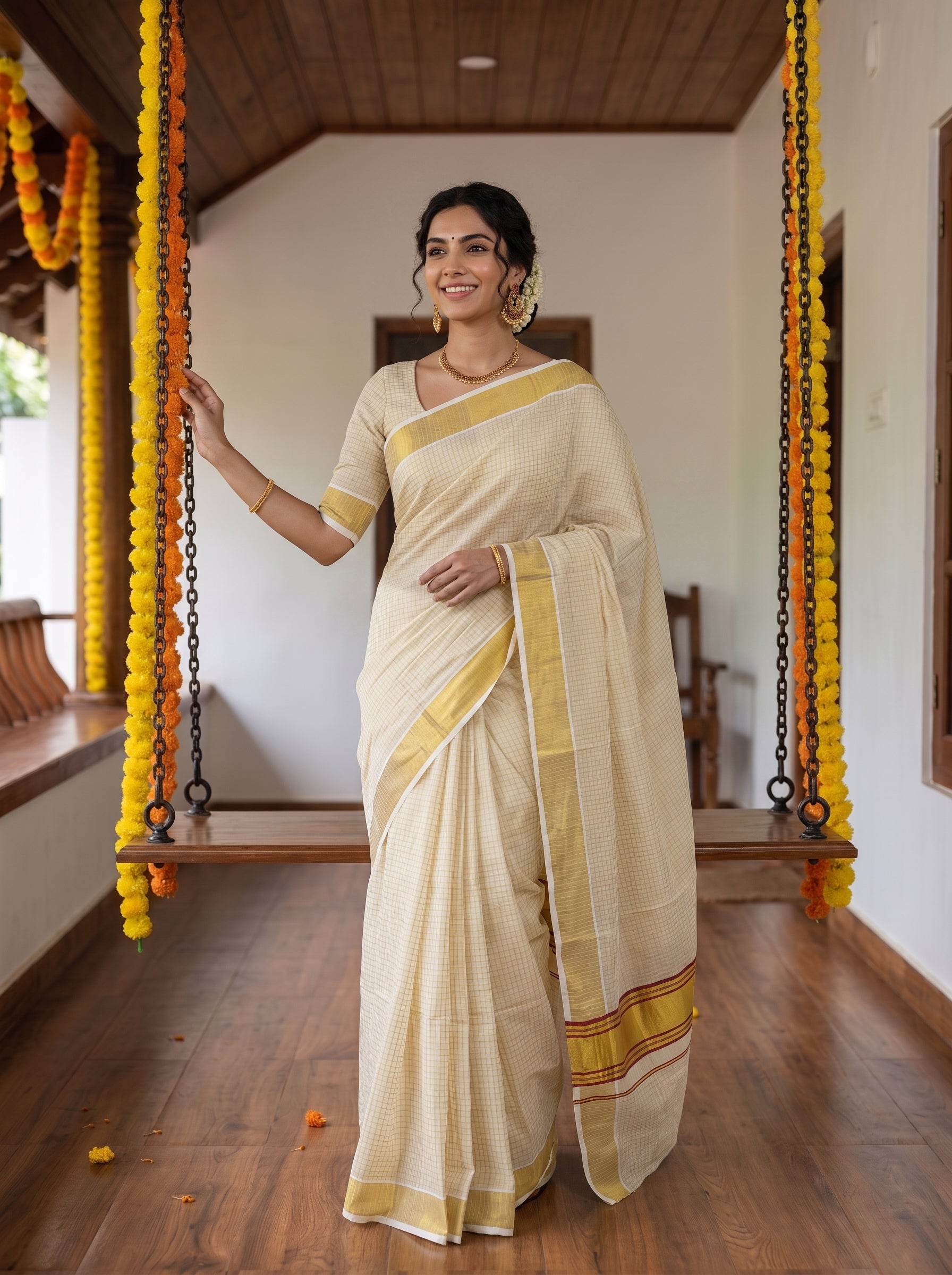 A woman wearing a cream-colored saree with yellow and orange border stripes stands on a wooden porch with hanging marigold garlands.