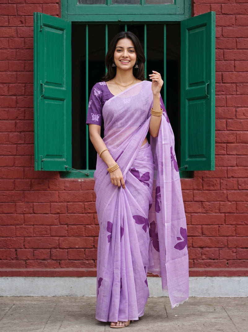 A woman wearing a lavender purple saree with a matching printed blouse stands in front of a red brick wall with green shutters. The saree has a subtle sheen and is decorated with purple floral motifs, paired with gold jewelry.