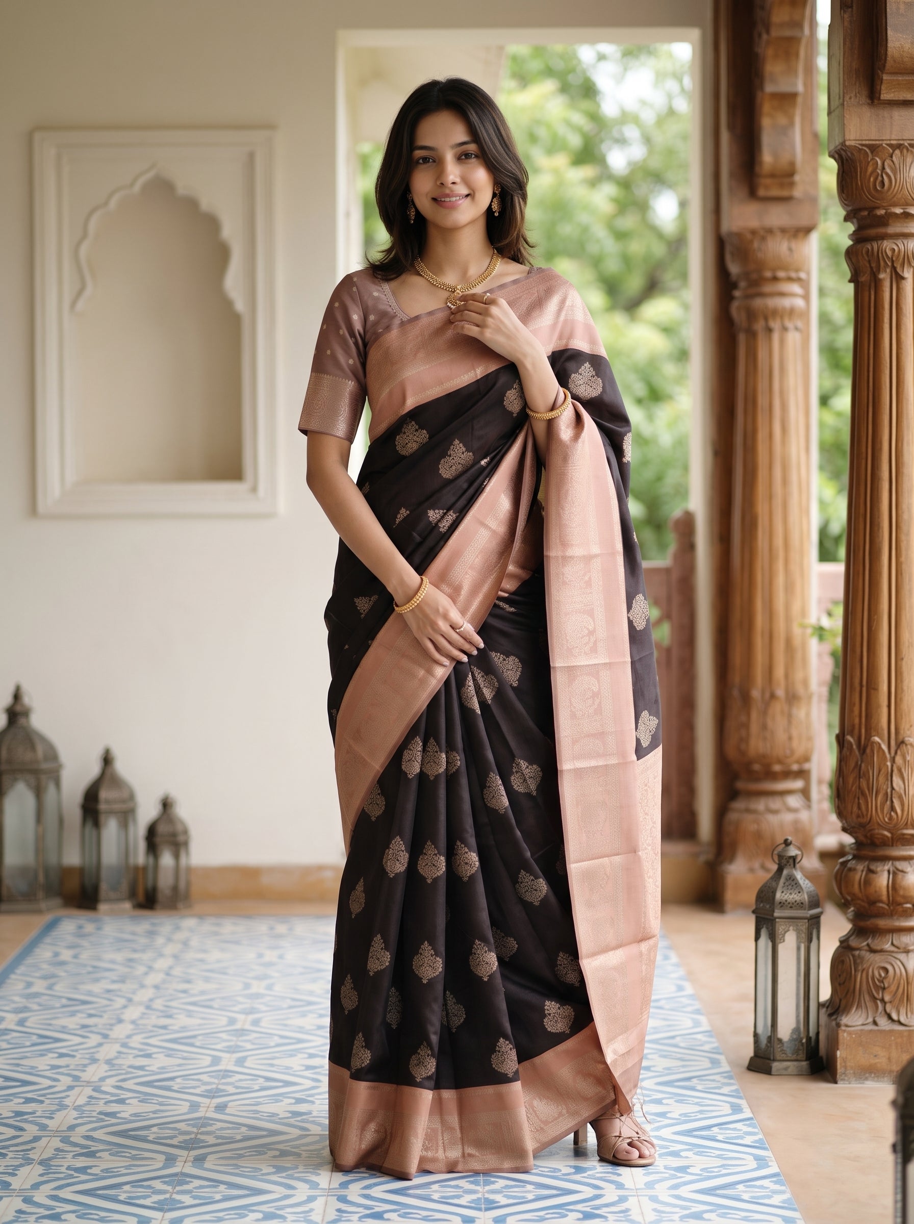 A woman models a black and dusty rose silk saree with gold floral motifs, standing in a traditional indoor setting with wooden pillars and a patterned blue rug.