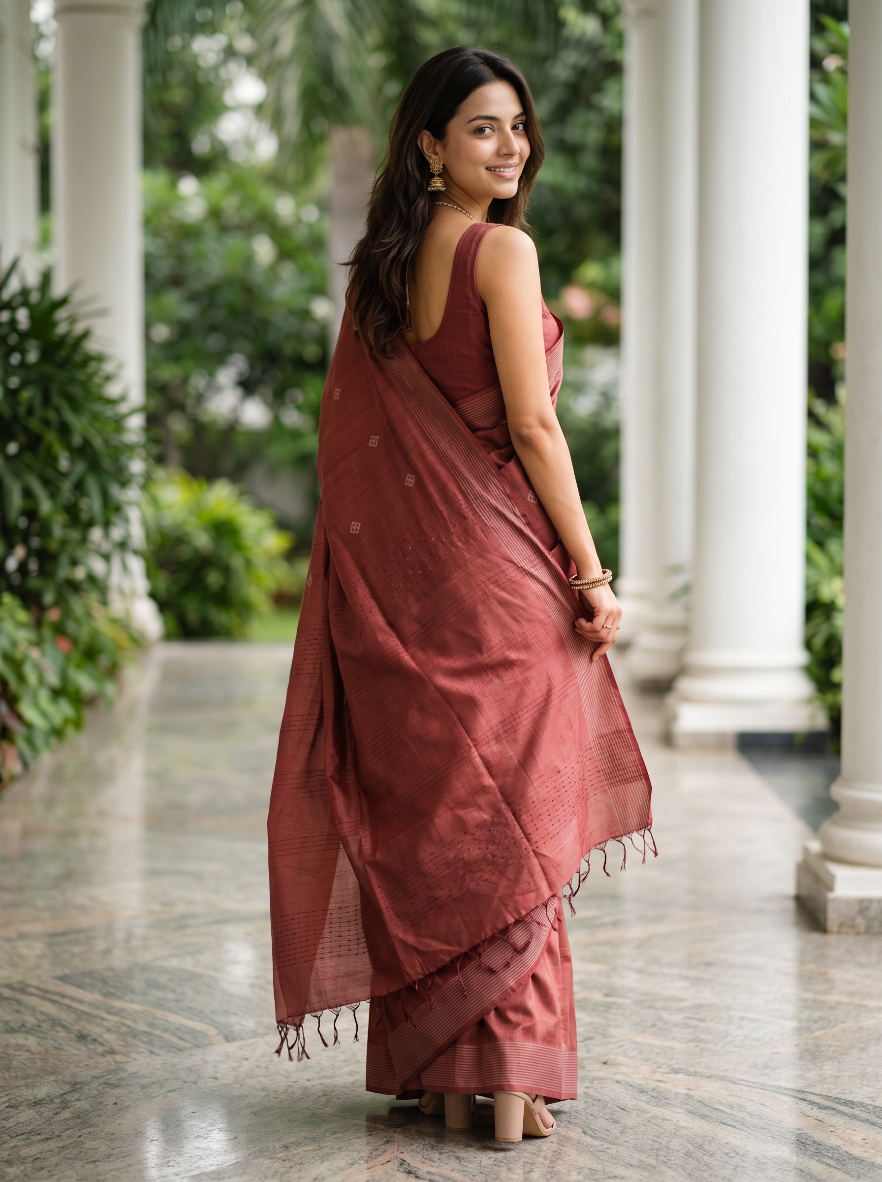 Tussar Rust Maroon Self Butti Saree with Striped Border
