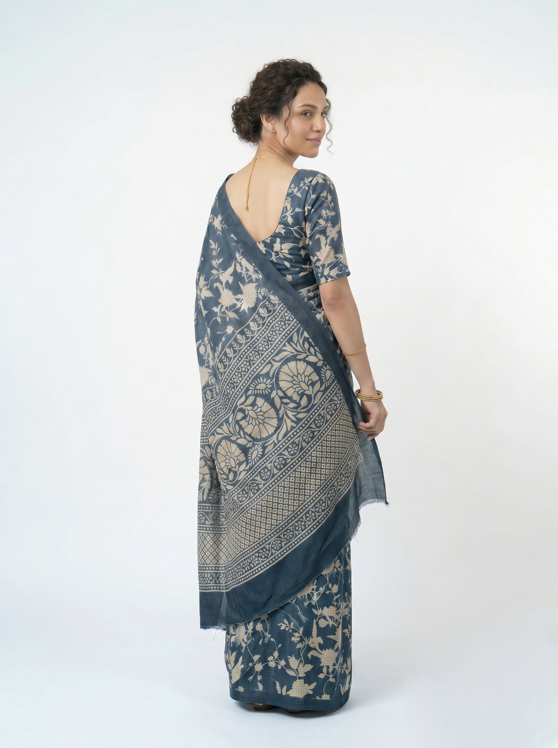 Semi Jute Steel Blue Floral Print Saree