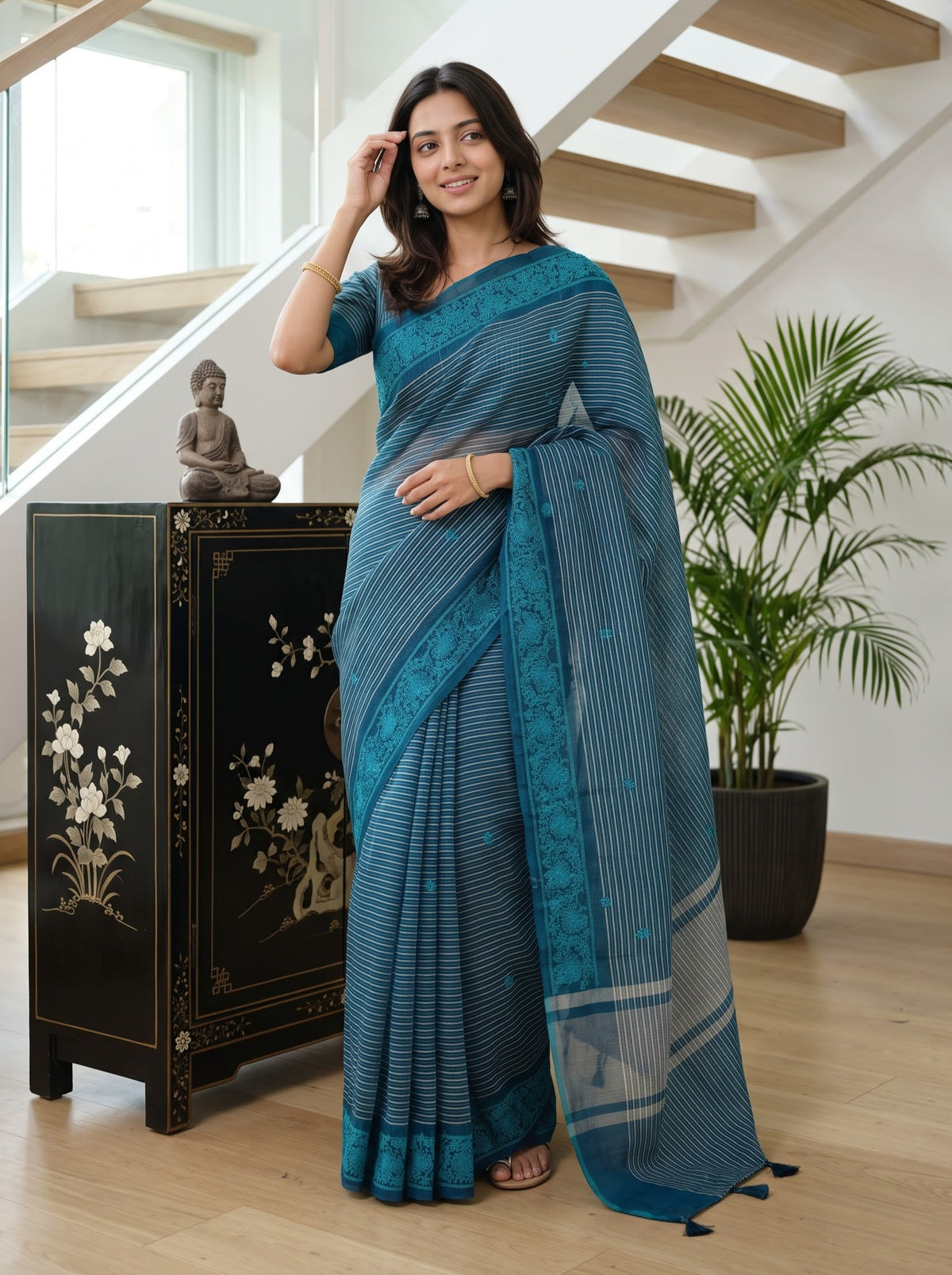 Organza Teal Peacock Blue Golden Pinstripe Floral Vine Border