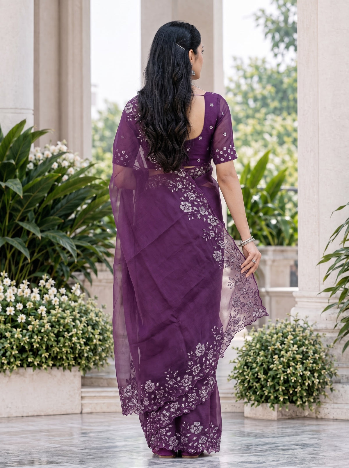 Organza Purple Saree with Sequin Floral Border