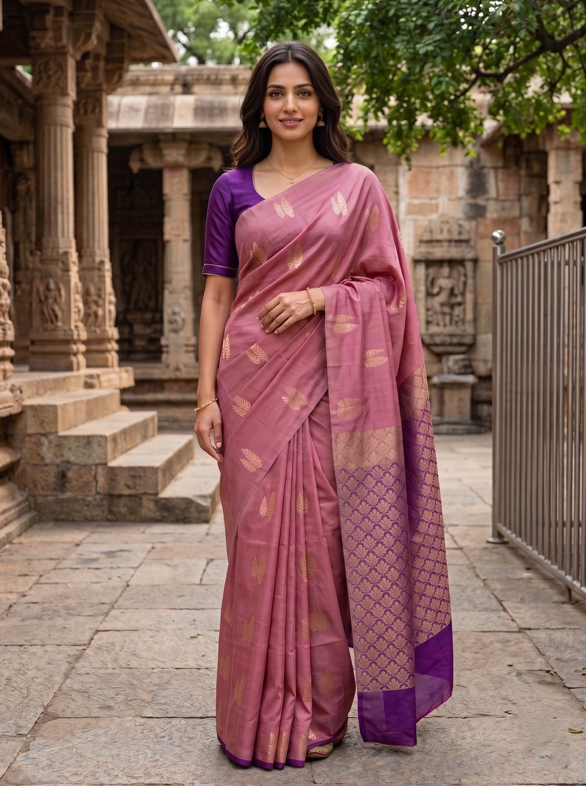 Semi Silk Rose Pink Saree with Purple Copper Zari Woven Pallu