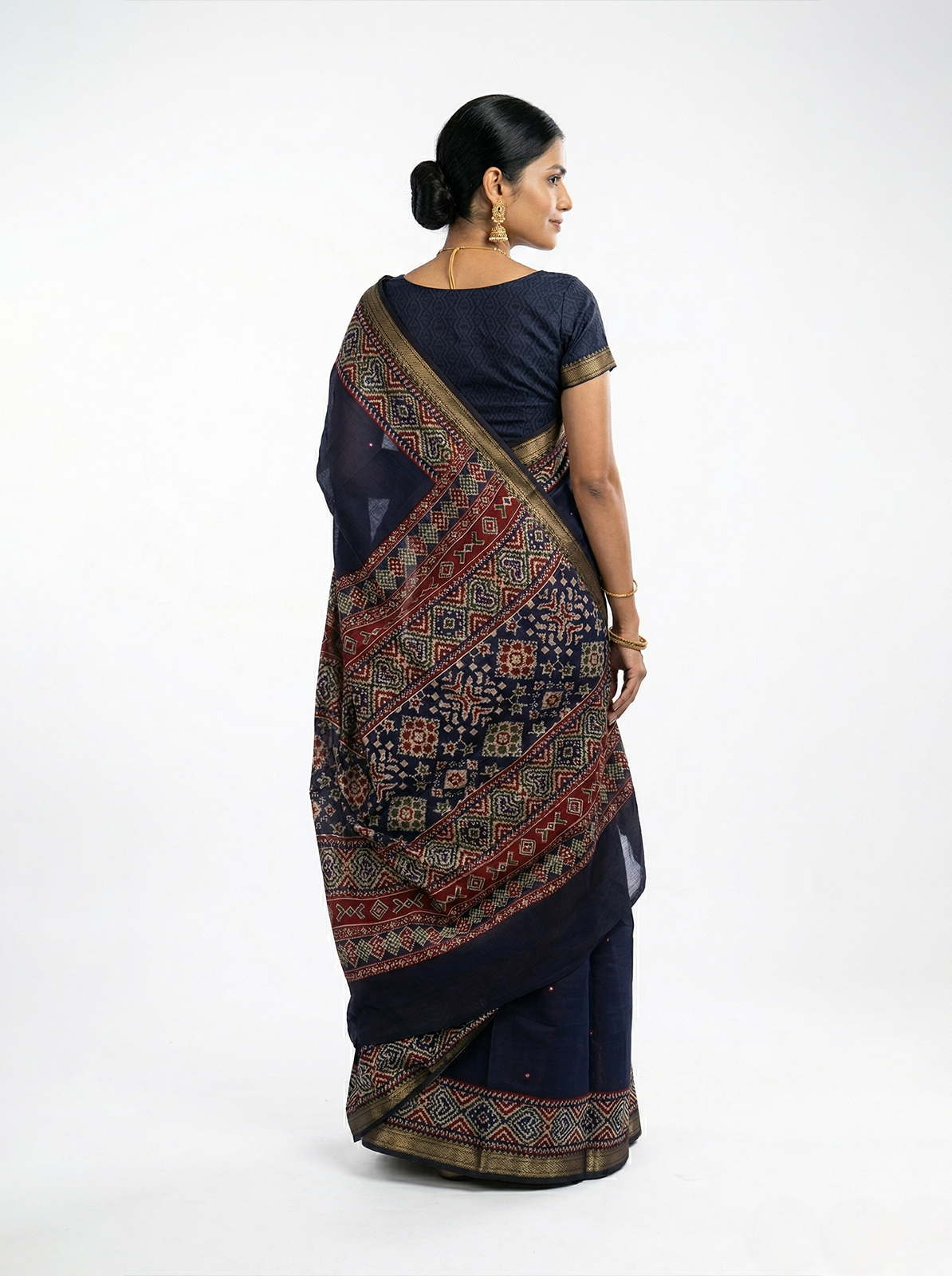 Chanderi Navy Blue Traditional Ikat Saree