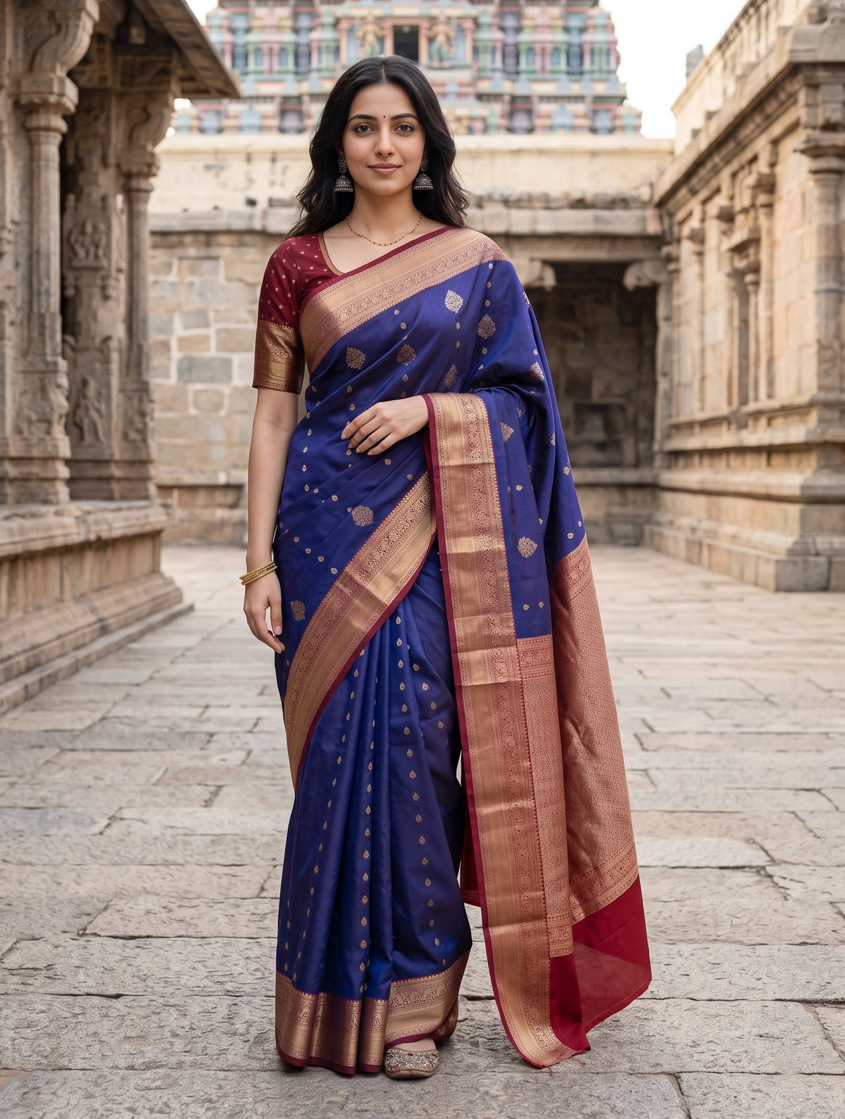 A woman wearing a royal blue silk saree with gold zari motifs and a deep red border, paired with a matching red blouse, standing in a stone courtyard with a temple in the background.