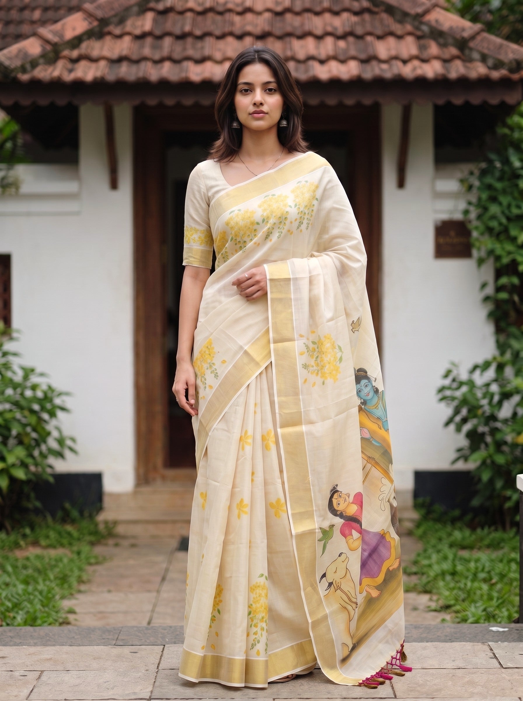 A woman stands outdoors in front of a white building with a tiled roof, wearing a cream-colored saree with yellow floral motifs and a multicolored printed border.