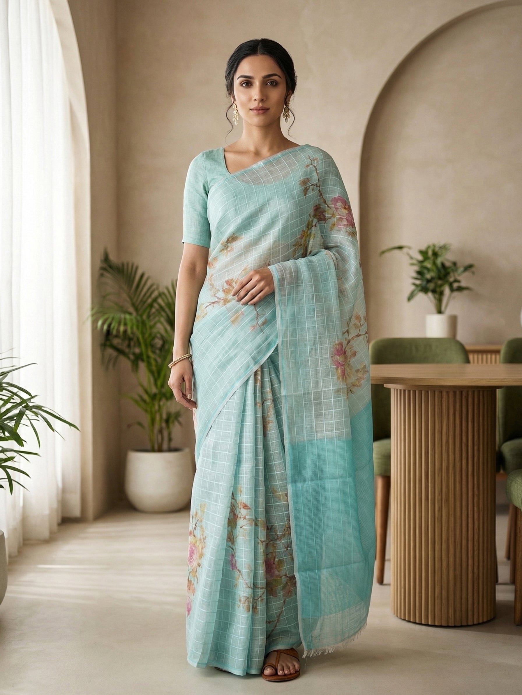 Woman wearing a light blue saree with floral patterns in an indoor setting.