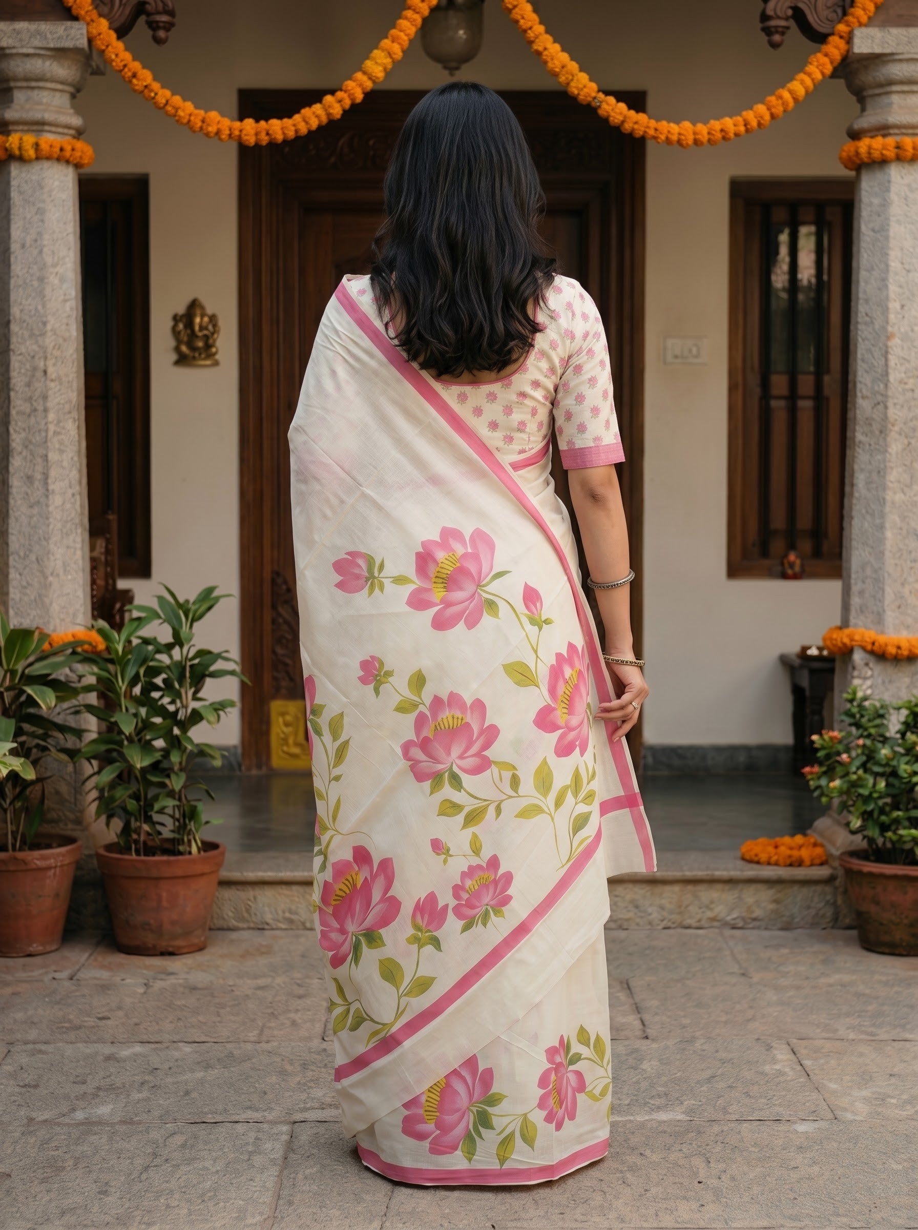 Cotton Cream Floral Print with Pink Border Onam Special Kasavu Kerala Saree