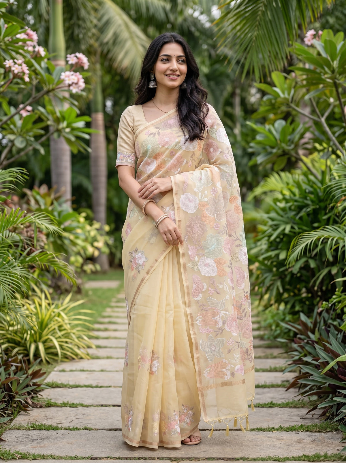 Mul Chanderi Lemon Yellow Pastel Floral Embroidery Pinstripe Pallu
