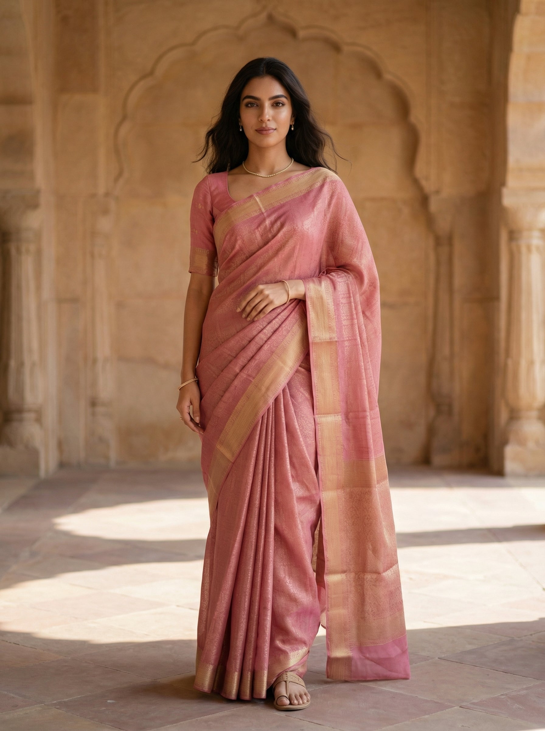 Georgette Banarasi Dusty Rose Pink Zari Woven Design Saree