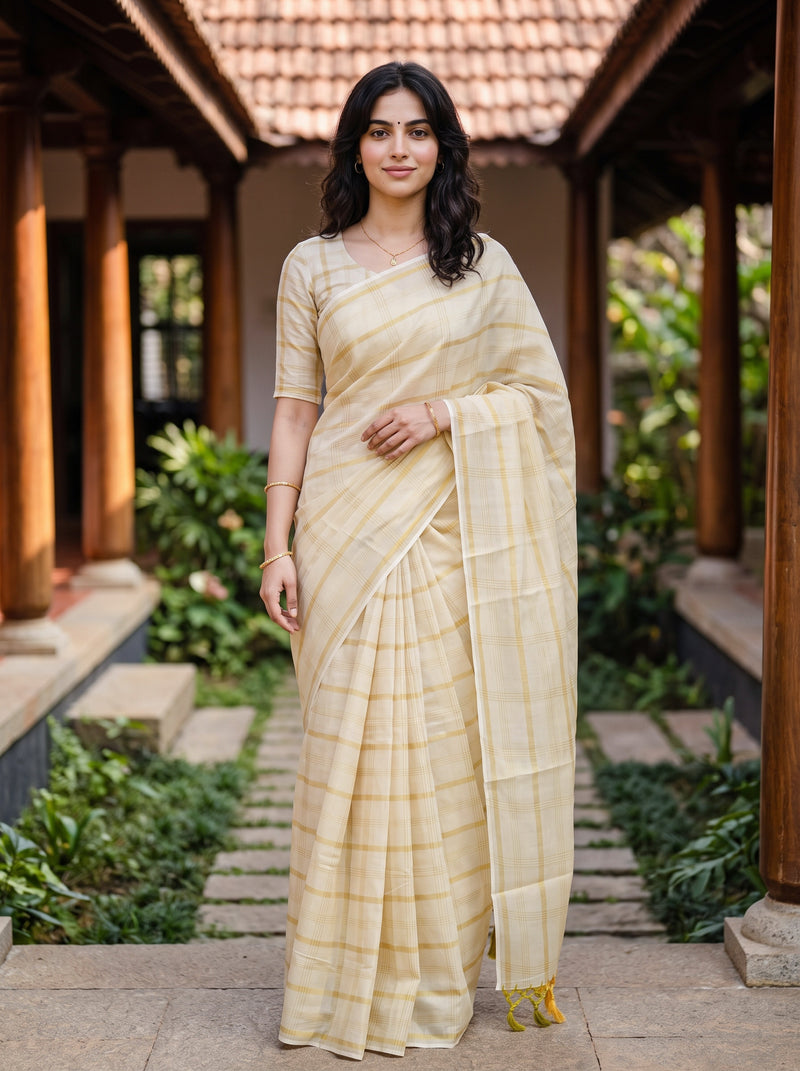 A woman wearing a light beige and cream striped cotton saree with a matching short-sleeve blouse, standing in a traditional courtyard with wooden pillars and green plants.