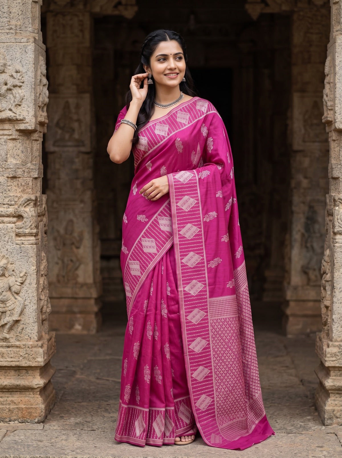 Banarasi Silk Magenta and Zari Diamond Jaal Saree