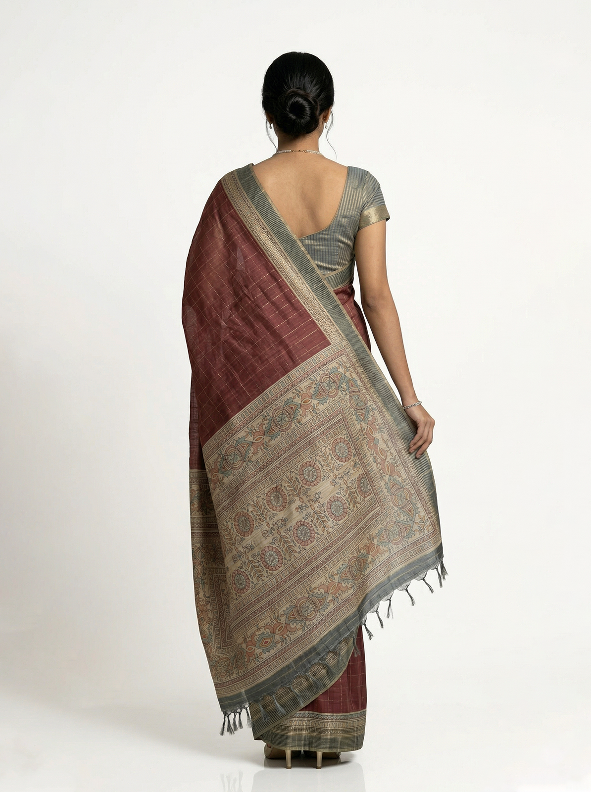 Semi Jute Rust Red Temple Border Check Saree