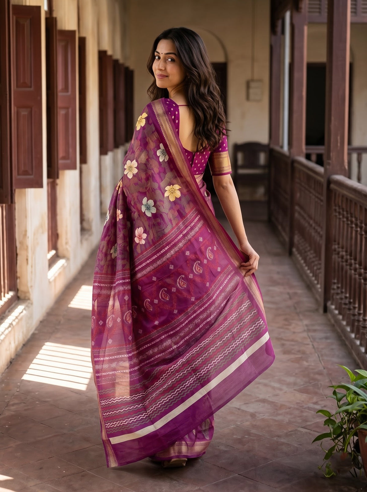 Polycotton Magenta Multicolor Floral Print Saree with Paisley Zigzag Pallu and Zari Border
