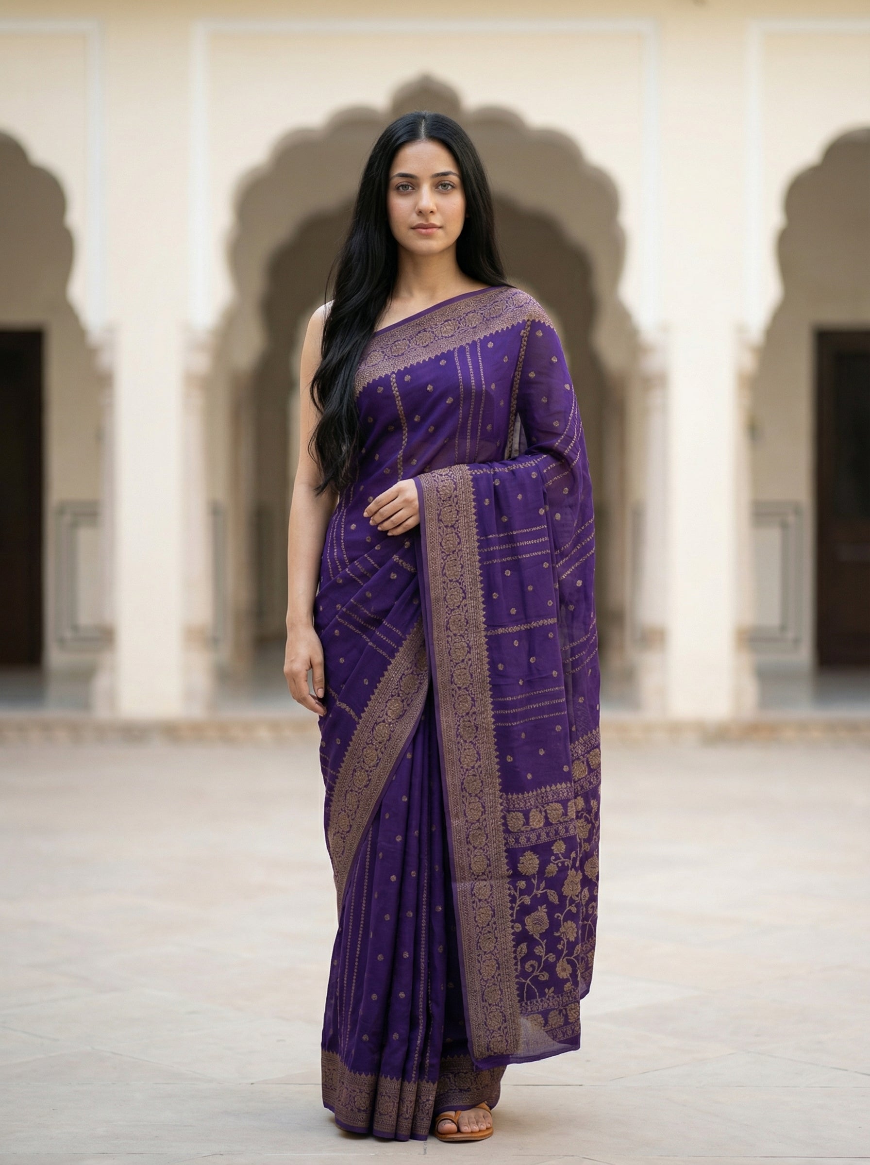 Georgette Banarasi  Imperial Violet Zari Butti Saree