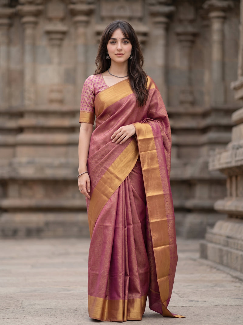A woman wearing a traditional Indian silk saree in dusty rose pink with a wide gold border and a matching patterned blouse, standing in front of a stone temple structure.