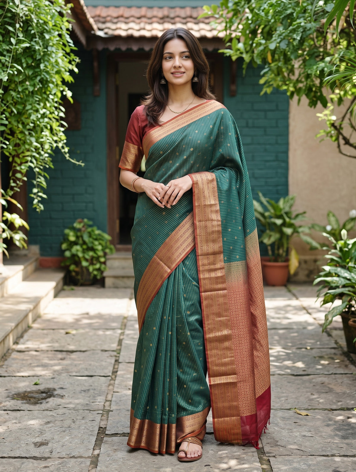 Semi Silk Saree in Bottle Green with Red Zari Woven Pallu and Zari Stripes