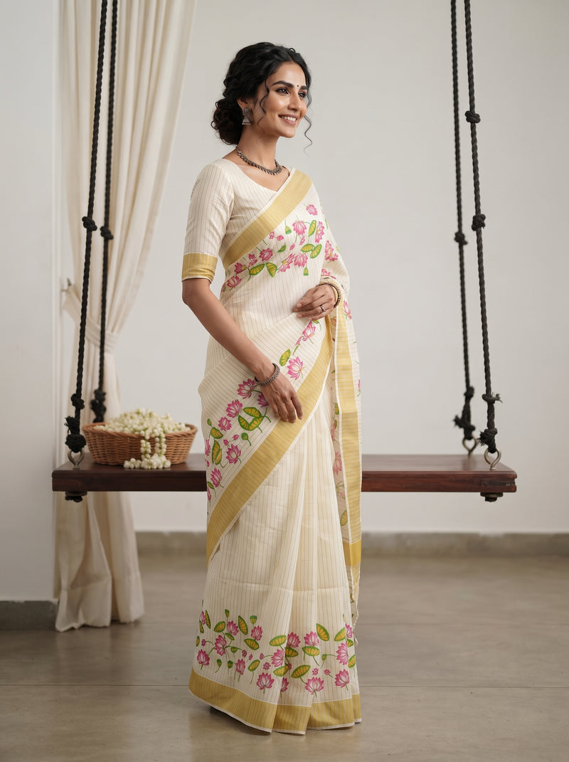 A woman modeling a cream-colored cotton saree with pink floral embroidery and gold borders, standing in a studio with a hanging swing bench in the background.