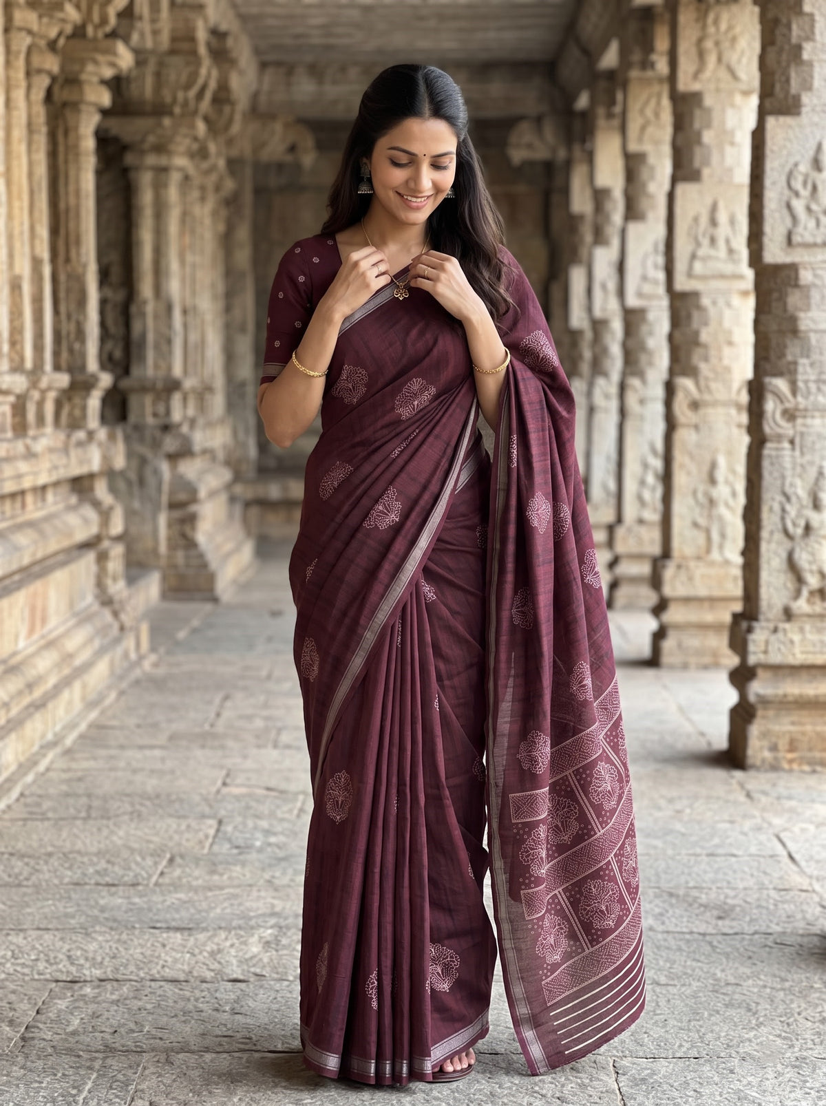 Semi Tussar Maroon Saree with Traditional Tulip Floral Block Pallu and Zari Edge