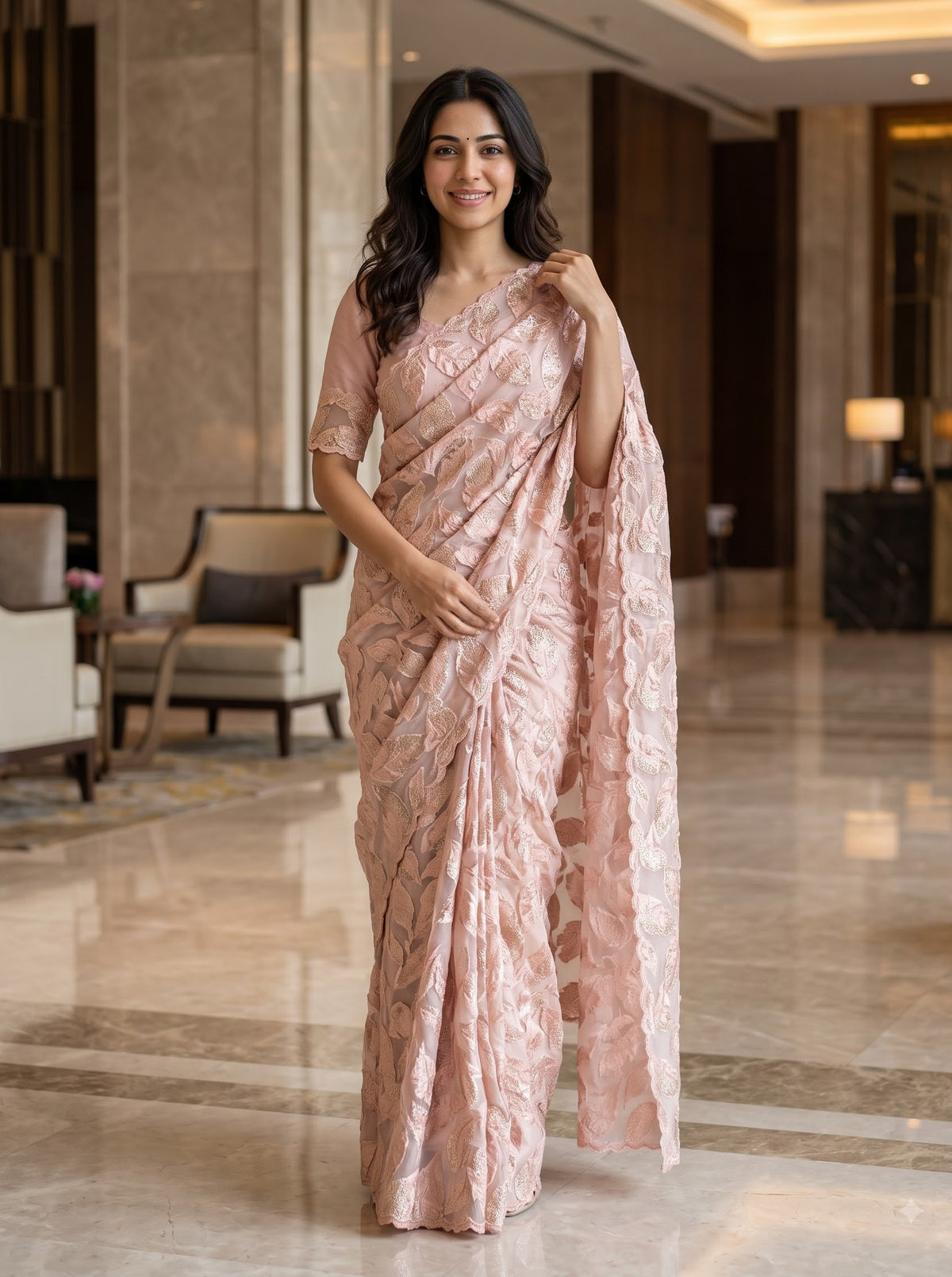 Organza Peach Saree with Golden Leaf Foliage Print