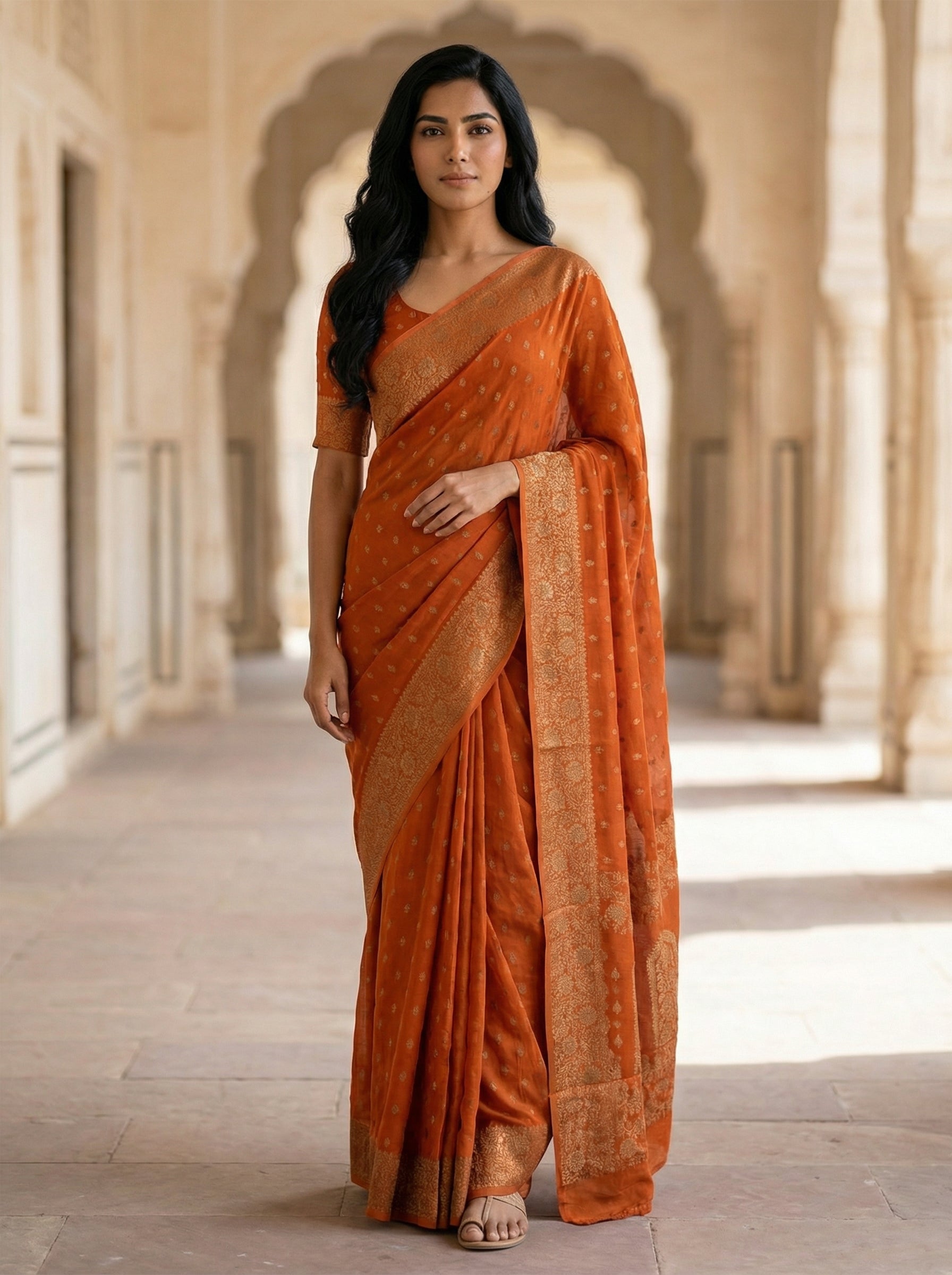 Georgette Banarasi Copper Orange Gold Zari Motif Saree