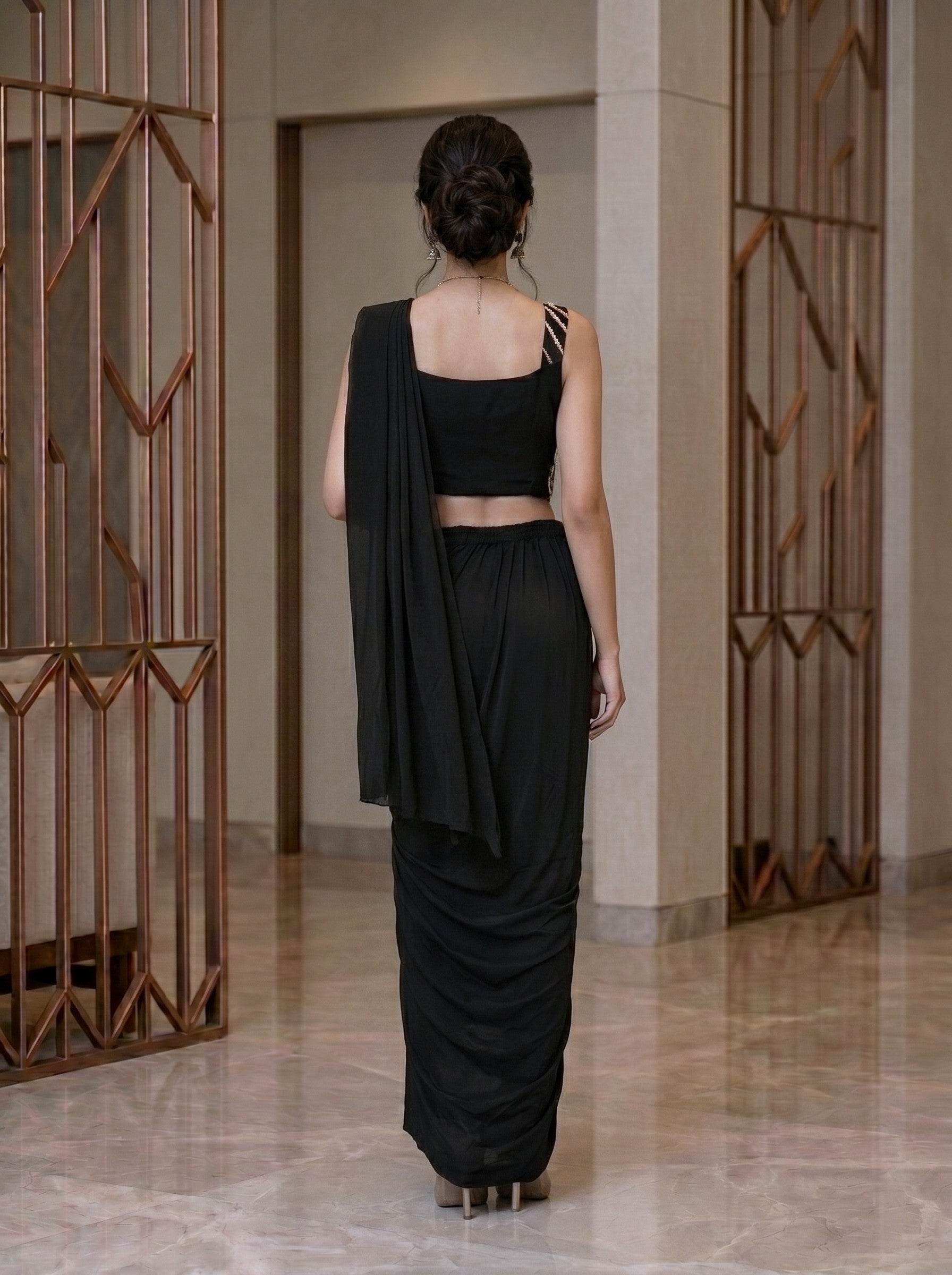 Lycra Satin Black Ready-to-Wear Designer Saree with Rose Gold Embellished Corset Blouse