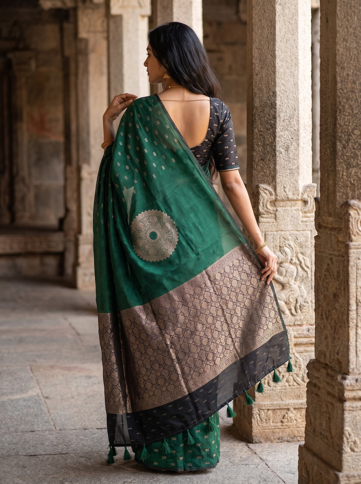 Cotton Silk Bottle Green Golden Mandala Black Brocade Pallu