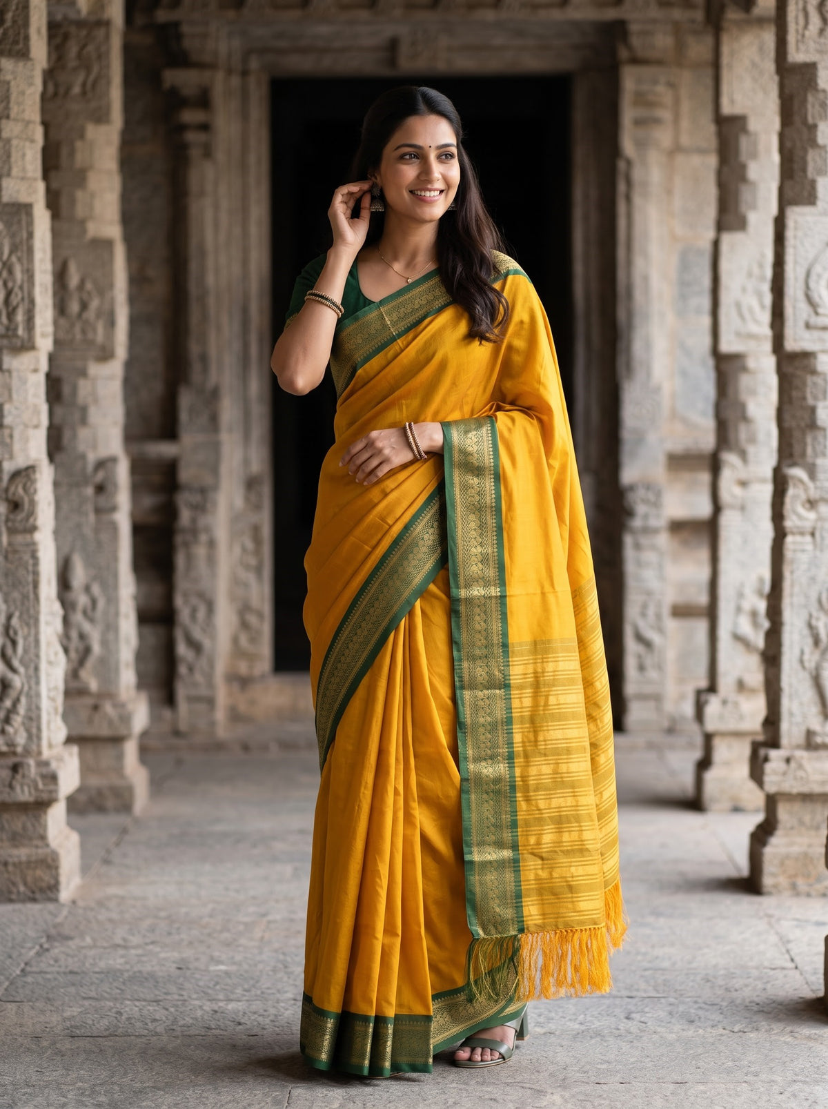 Semi Silk Mustard Yellow Golden Pinstripe Saree with Green Zari Border