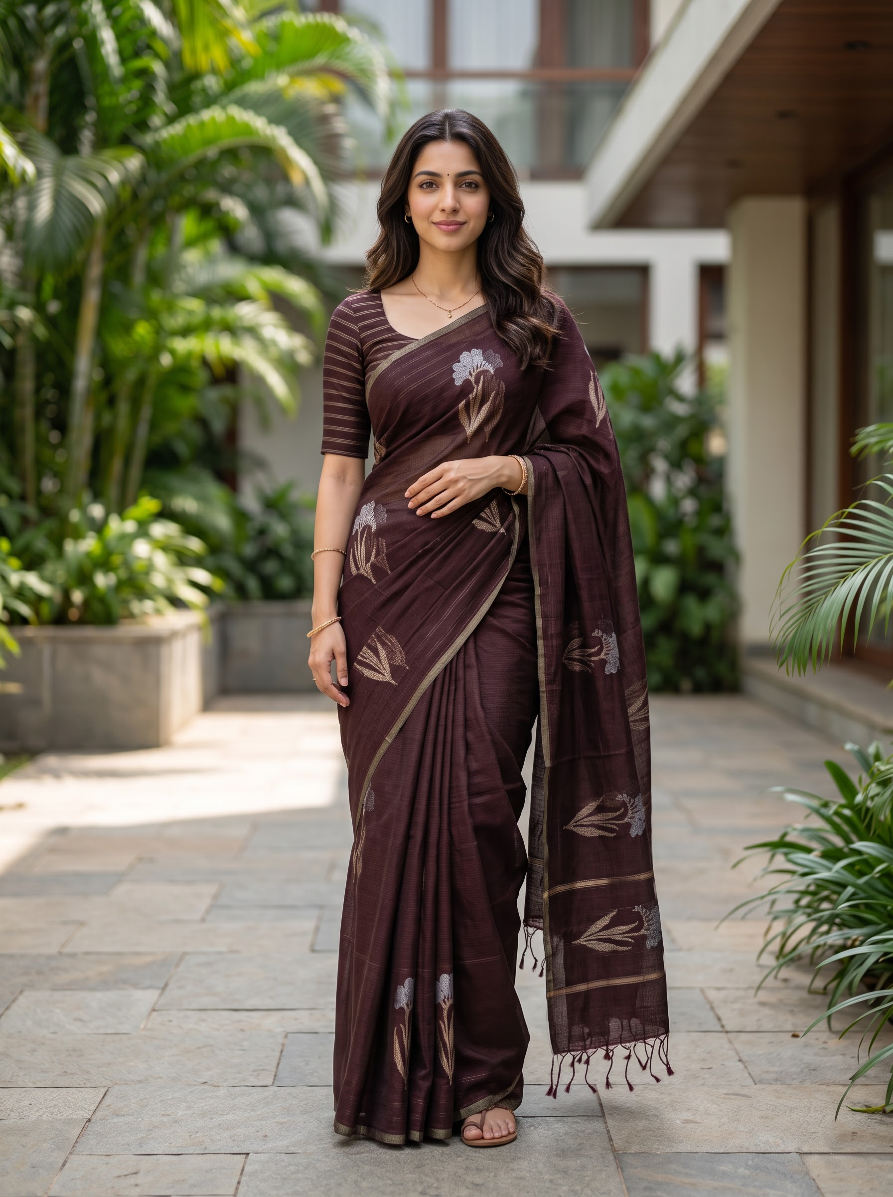 A woman stands outdoors wearing a dark brown pleated saree with beige floral motifs and a matching printed dupatta, set against a blurred background of green plants and a modern building.