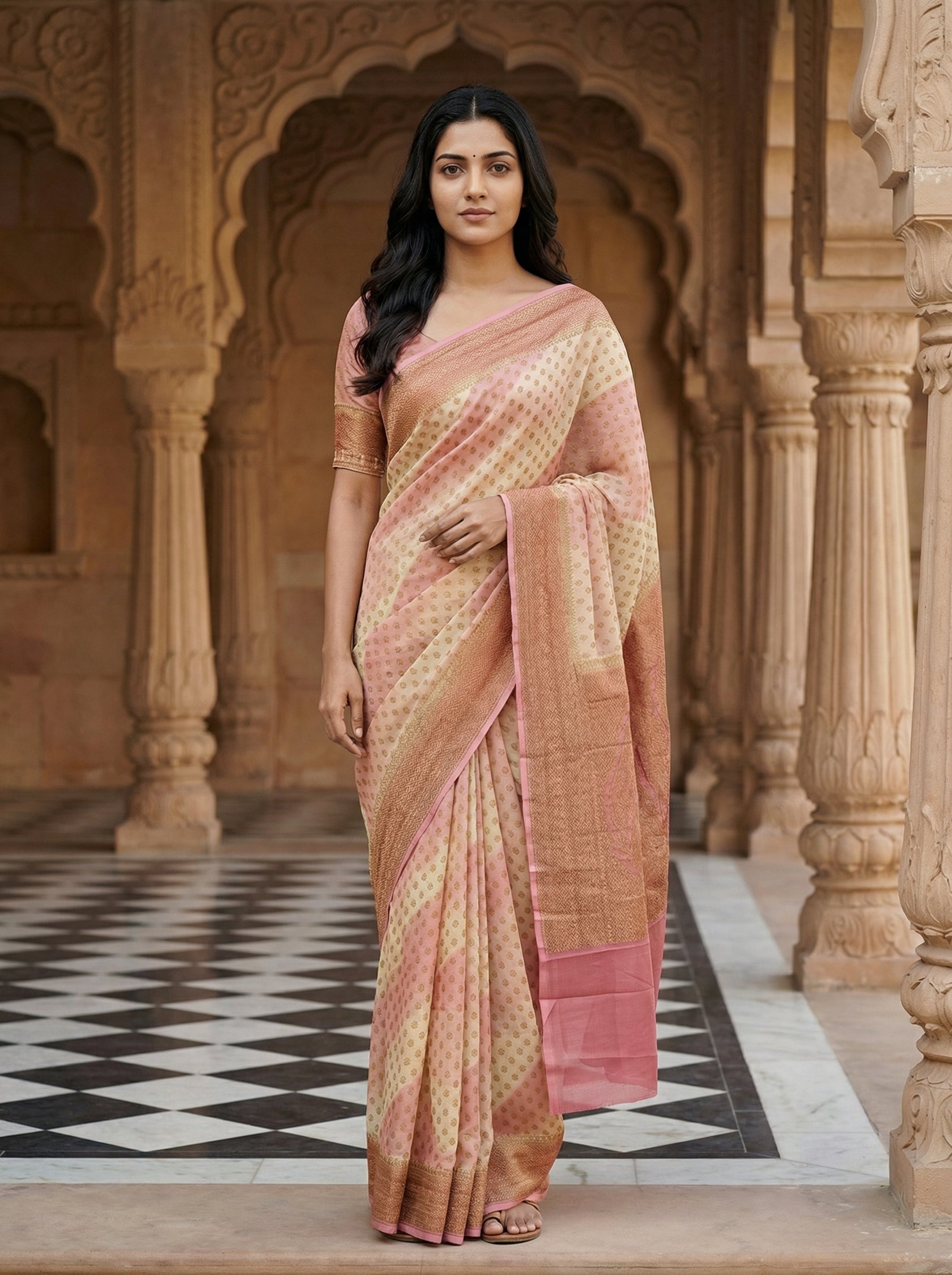 Georgette Banarasi  Blush Cream Gold Butti Saree