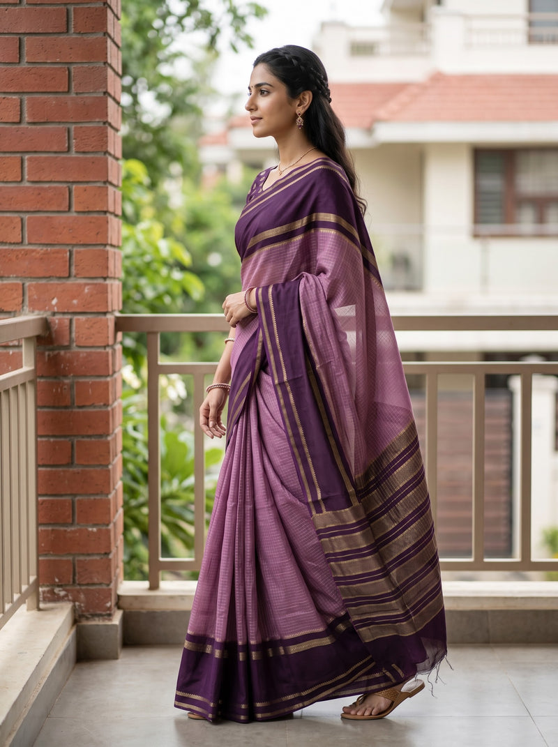 A woman wearing a purple and gold striped saree stands on a balcony, looking to the side. The background features a brick pillar, a metal railing, and green foliage.