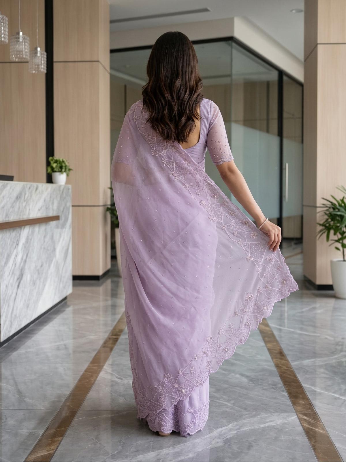 Chiffon Lavender Saree with Web Pattern Beadwork Design