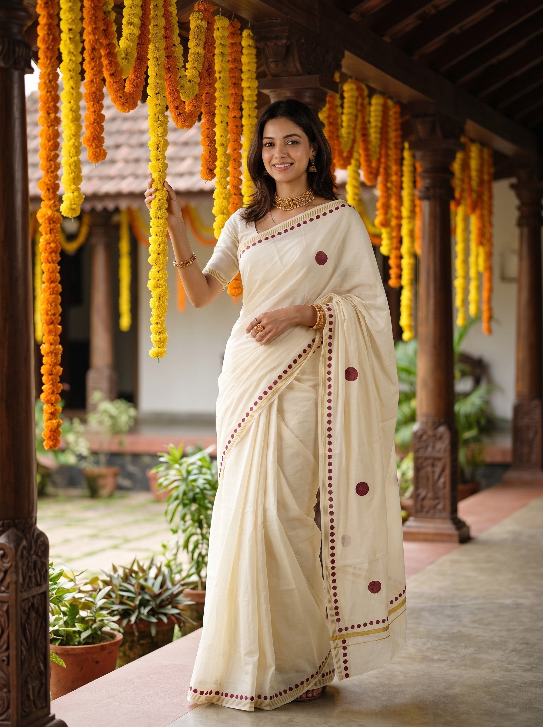 A woman wearing a cream-colored cotton saree with dark red border details and marigold flower garlands hanging from a traditional wooden porch.