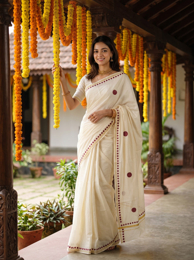 A woman wearing a cream-colored cotton saree with dark red border details and marigold flower garlands hanging from a traditional wooden porch.