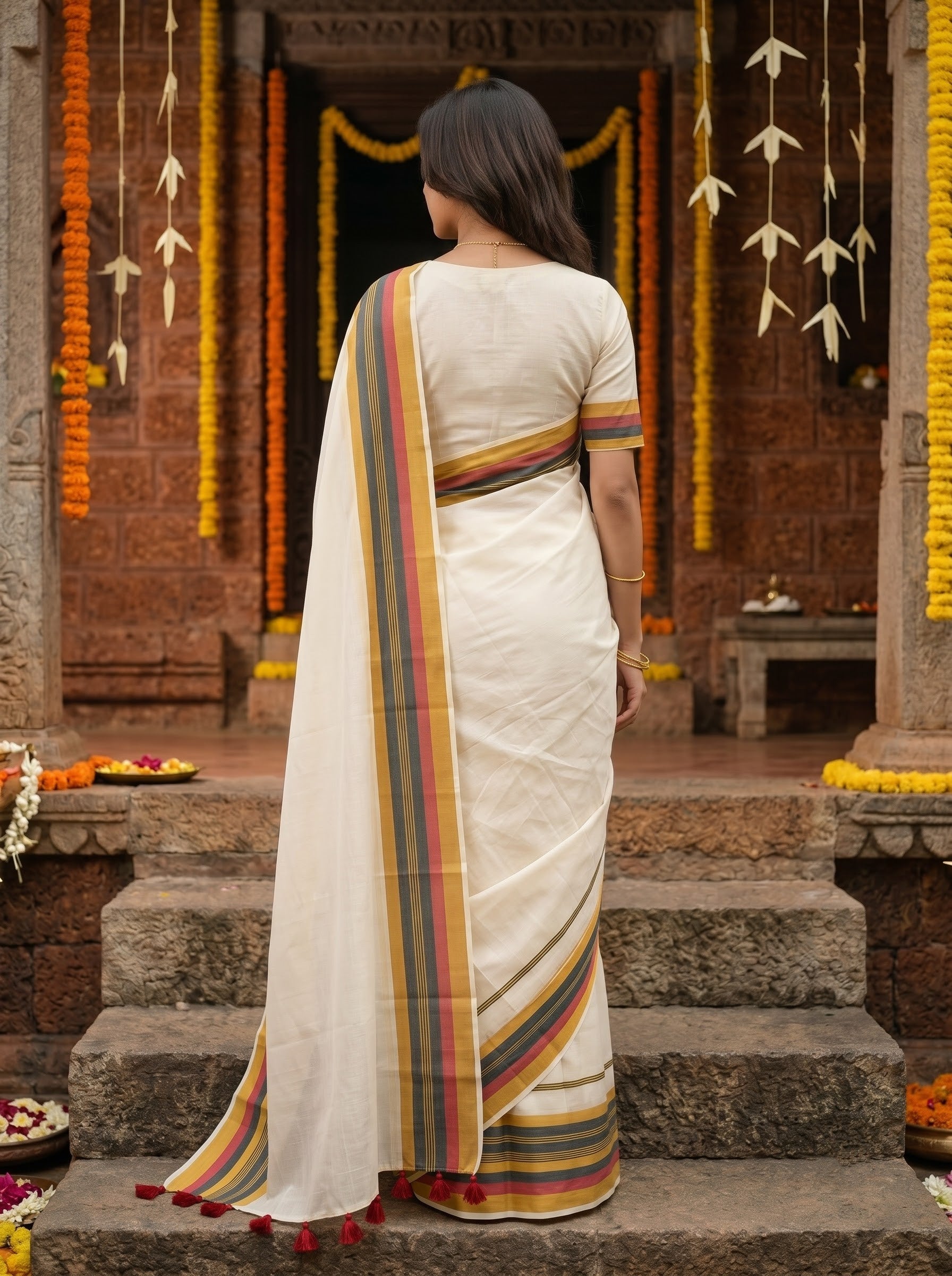 Mul Mul Cotton Cream Red Black Striped Tasseled Onam Special Kerala Saree